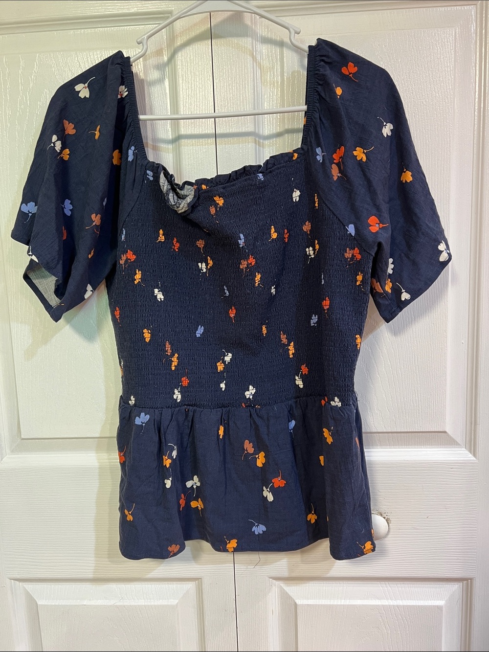 Market & Spruce Navy Smocked Peplum Top with Multicolor Floral Print